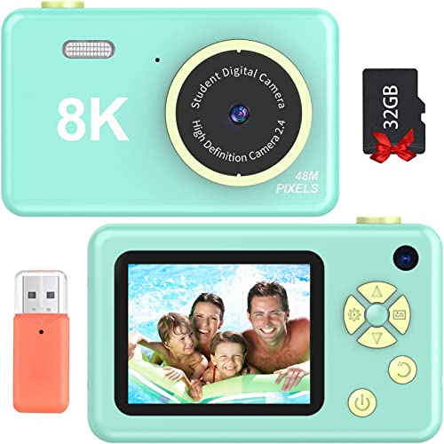 Kids Digital Camera, FHD 1080P Digital Camera for Kids with 32GB SD Card 8X Zoom Compact Point and Shoot Digital Camera, Portable Mini Kids Camera for Teens Students Boys Girls Tweens - Green