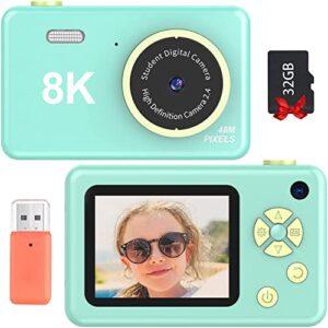 Kids Digital Camera, FHD 1080P Digital Camera for Kids with 32GB SD Card 8X Zoom Compact Point and Shoot Digital Camera, Portable Mini Kids Camera for Teens Students Boys Girls Tweens - Green