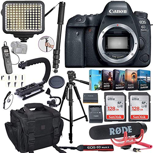 Canon EOS 6D Mark II DSLR Camera (Body Only) Bundle Includes 2X 128GB Memory, LED Video Light, Case, Rode Microphone, U-Grip, Time Remote with LCD, Photo/Video Software Package & More (Renewed)