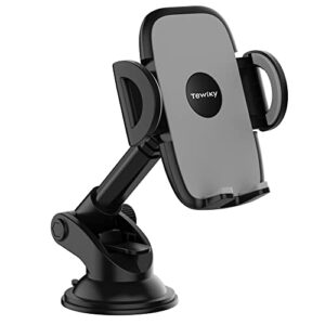 tewiky updated hands-free car phone mount, car phone holder with powerful suction cup for car dashboard and windshield, compatible with all cell phones