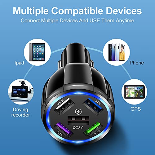 5-Port USB Fast Car Charger, QC3.0 Fast Charging Car Charger Adapter, 5 Multi Port Cigarette Lighter USB Charger, Car Phone Charger Compatible with iPhone/Android/Samsung Galaxy S10 S9 Plus and More