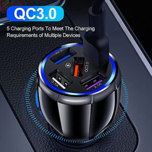 5-Port USB Fast Car Charger, QC3.0 Fast Charging Car Charger Adapter, 5 Multi Port Cigarette Lighter USB Charger, Car Phone Charger Compatible with iPhone/Android/Samsung Galaxy S10 S9 Plus and More