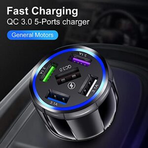 5-Port USB Fast Car Charger, QC3.0 Fast Charging Car Charger Adapter, 5 Multi Port Cigarette Lighter USB Charger, Car Phone Charger Compatible with iPhone/Android/Samsung Galaxy S10 S9 Plus and More