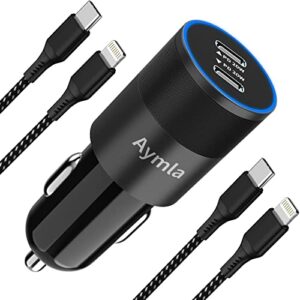 [apple mfi certified] aymla dual 20w usb c fast car charger for iphone 14 pro max/14 plus/13/12/mini/11/xs/xr/x/8/plus, 40w pd cigarette lighter adapter with 2 pack type c to lightning cable 3.3ft