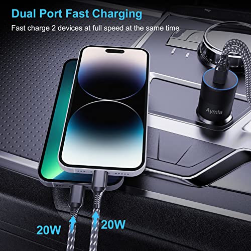 [Apple MFi Certified] Aymla Dual 20W USB C Fast Car Charger for iPhone 14 Pro Max/14 Plus/13/12/mini/11/XS/XR/X/8/Plus, 40W PD Cigarette Lighter Adapter with 2 Pack Type C to Lightning Cable 3.3ft