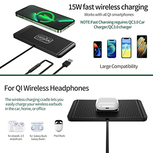 Wireless Charger,LEOSAN Wireless car Charger Charging pad 15w Non Slip qi Fast Charger for car Wireless Phone Charger for Android for iPhone 11/12/13/14 Pro Max Xs,Samsung Galaxy S20, S10+ Note 9，LG