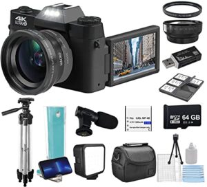 acuvar 4k 48mp digital camera kit for photography, vlogging camera for youtube with flip screen, wifi, wide angle & macro lens, 64gb micro sd card, 50″ tripod, case, card reader, microphone, led