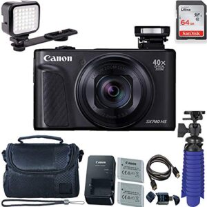 canon powershot sx740 hs digital camera (black) with 64 gb card + led compact on-camera light + premium camera case + 2 batteries + tripod