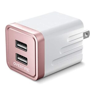 dual usb wall charger, overtime universal 2.4amp plug cube quick phone power adapter for iphone 11 pro max x xs xr 8 7 se ipad pro air mini samsung galaxy s7 s6 s5 kindle (rose gold, 1 pack)