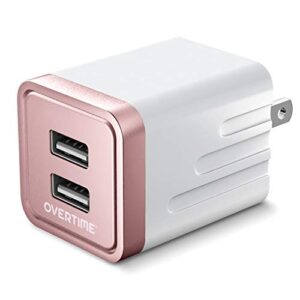 Dual USB Wall Charger, Overtime Universal 2.4Amp Plug Cube Quick Phone Power Adapter for iPhone 11 Pro Max X Xs XR 8 7 SE iPad Pro Air Mini Samsung Galaxy S7 S6 S5 Kindle (Rose Gold, 1 Pack)