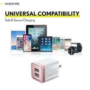 Dual USB Wall Charger, Overtime Universal 2.4Amp Plug Cube Quick Phone Power Adapter for iPhone 11 Pro Max X Xs XR 8 7 SE iPad Pro Air Mini Samsung Galaxy S7 S6 S5 Kindle (Rose Gold, 1 Pack)