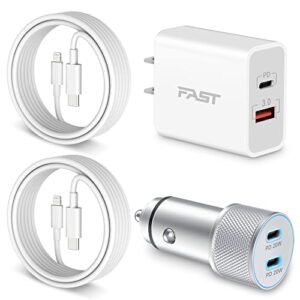 iphone 14 13 fast charger [apple mfi certified], luosike 40w 2port usb-c car charger + 20w usb c wall charger block + 2 x 6ft lightning cable fast charging for iphone 14 13 pro max mini 12 11 xs, ipad