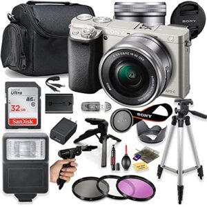 sony a6000 mirrorless camera (silver) with 16-50mm oss lens + deluxe bundle including sandisk 32gb card, case, flash, grip tripod, 50″ tripod, and more