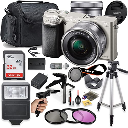 Sony a6000 Mirrorless Camera (Silver) with 16-50mm OSS Lens + Deluxe Bundle Including Sandisk 32GB Card, Case, Flash, Grip Tripod, 50" Tripod, and More