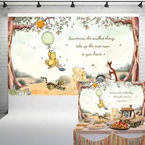 vintage pooh bear baby shower decorations classic winnie neutral backdrop with green balloon newborn birthday cake table background 5×3 ft 94