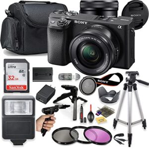 sony a6400 mirrorless camera (black) with 16-50mm oss + deluxe bundle including sandisk 32gb card, case, flash, grip tripod, 50″ tripod, and more