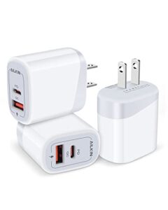 usb c charger block 3pack, ailkin 20w pd+qc 3.0 dual port power adapter, type c wall charger station travel box for iphone 14 plus 13 pro max 12 11 xs xr se, ipad mini, airpods, apple watch, usbc plug