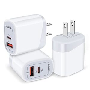 USB C Charger Block 3Pack, AILKIN 20W PD+QC 3.0 Dual Port Power Adapter, Type C Wall Charger Station Travel Box for iPhone 14 Plus 13 Pro Max 12 11 XS XR SE, iPad Mini, AirPods, Apple Watch, USBC Plug