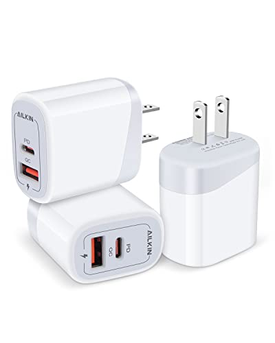 USB C Charger Block 3Pack, AILKIN 20W PD+QC 3.0 Dual Port Power Adapter, Type C Wall Charger Station Travel Box for iPhone 14 Plus 13 Pro Max 12 11 XS XR SE, iPad Mini, AirPods, Apple Watch, USBC Plug