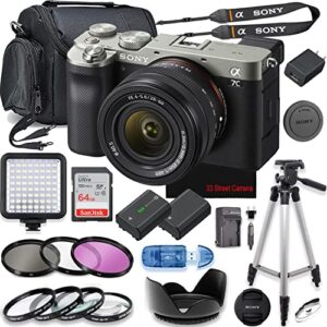 sony a7c mirrorless camera fe 28-60mm f/4-5.6 lens (silver) bundle with accessories (led video light, extra battery, 64gb high speed memory card, 3pc filter kit, 4pc macro close-up kit)