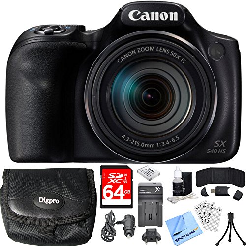 Canon PowerShot SX540 HS 20.3MP Digital Camera with 50x Optical Zoom Red Bundle with 64GB Memory Card, Rechargeable Battery, Battery Charger, Camera Bag and Table-top Tripod (Renewed)