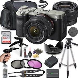 sony a7c mirrorless camera fe 28-60mm f/4-5.6 lens (silver) bundle with accessories (64gb high speed memory card, 50″ tripod, gadget bag, cleaning kit)