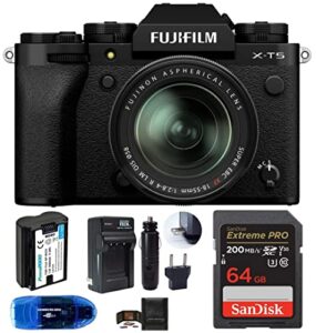 fujifilm x-t5 mirrorless digital camera with xf 18-55mm f/2.8-4 r lm ois lens bundle, includes: sandisk 64gb extreme pro sdxc memory card, spare battery + more (6 items) (black)