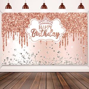 rose gold happy birthday backdrop for girls women rose gold happy birthday banner glitter diamond birthday backdrop sweet princess birthday photography background