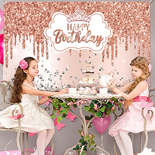 Rose Gold Happy Birthday Backdrop for Girls Women Rose Gold Happy Birthday Banner Glitter Diamond Birthday Backdrop Sweet Princess Birthday Photography Background