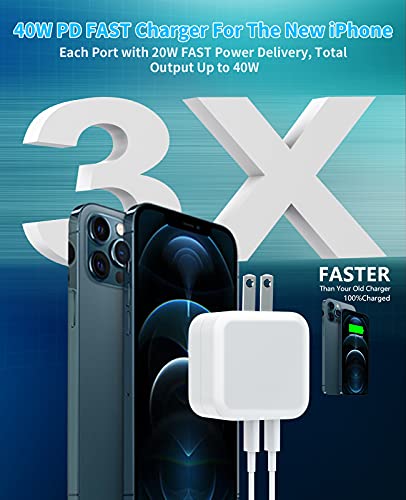 [Apple MFi Certified] iPhone Fast Charger, GEONAV 40W Dual USB C Foldable GaN Charger, 2-Port 20W Power Delivery Quick Charger with 2Pack 6FT Type C to Lightning Sync Cable for iPhone/iPad/AirPods Pro