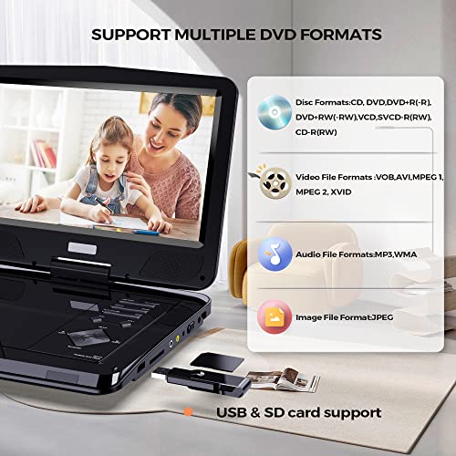 SUNPIN 12.5" Portable DVD Player with 10.1'' Eyesight Protective Swivel Screen, Car Headrest Holder, Dual Earphones Jack, 5-Hour Rechargeable Battery, Support USB/SD Card/Sync TV/Multiple Disc Formats