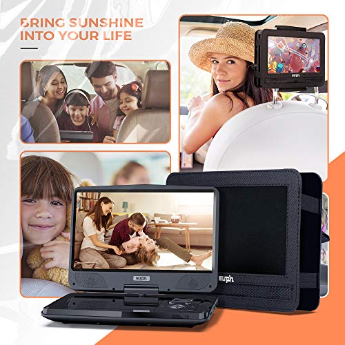 SUNPIN 12.5" Portable DVD Player with 10.1'' Eyesight Protective Swivel Screen, Car Headrest Holder, Dual Earphones Jack, 5-Hour Rechargeable Battery, Support USB/SD Card/Sync TV/Multiple Disc Formats