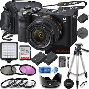 sony a7c mirrorless camera fe 28-60mm f/4-5.6 lens (black) bundle with accessories (led video light, extra battery, 64gb high speed memory card, 3pc filter kit, 4pc macro close-up kit)