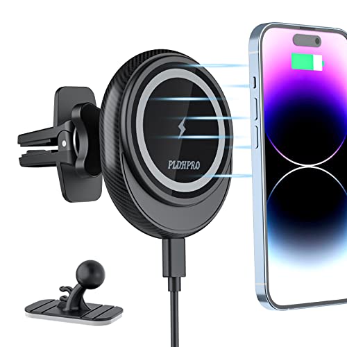 PLDHPRO Magnetic Wireless Car Charger for Magsafe Mount iPhone14/ 13/12 Pro/Pro Max/Mini, [Super Magnetic Attraction], One-Handed Rotation Fast Charging Car Air Vent Mount and Dashboard Phone Holder