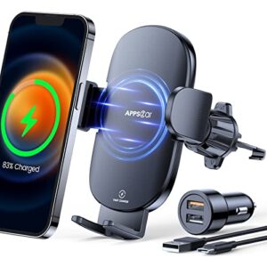 apps2car wireless car charger mount vent, 15w fast charging wireless car phone charger, compatible with iphone 14 pro/14, samsung galaxy s22/s21/s20, etc.