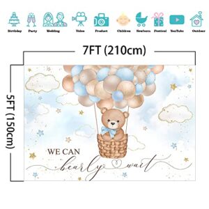 Mocsicka Blue Bear Hot Air Balloon Backdrop Boy Bear Balloons Baby Shower Background We Can Bearly Wait Baby Shower Party Cake Table Decoration Photo Booth Props (7x5ft)