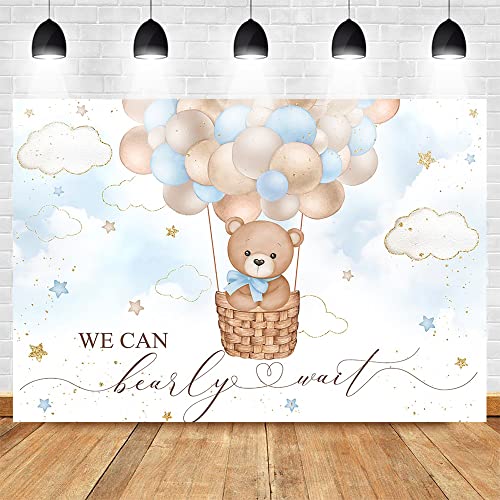 Mocsicka Blue Bear Hot Air Balloon Backdrop Boy Bear Balloons Baby Shower Background We Can Bearly Wait Baby Shower Party Cake Table Decoration Photo Booth Props (7x5ft)