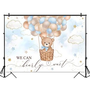 Mocsicka Blue Bear Hot Air Balloon Backdrop Boy Bear Balloons Baby Shower Background We Can Bearly Wait Baby Shower Party Cake Table Decoration Photo Booth Props (7x5ft)