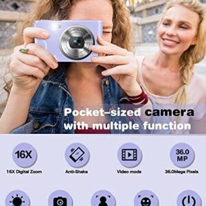 Digital Camera, Lecran FHD 1080P 36.0 Mega Pixels Vlogging Camera with 16X Digital Zoom, LCD Screen, Compact Portable Mini Cameras for Students, Teens, Kids (Purple)