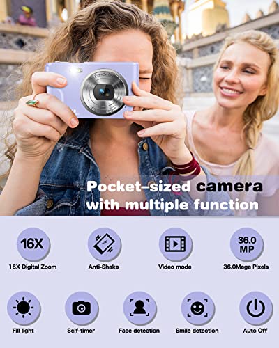 Digital Camera, Lecran FHD 1080P 36.0 Mega Pixels Vlogging Camera with 16X Digital Zoom, LCD Screen, Compact Portable Mini Cameras for Students, Teens, Kids (Purple)