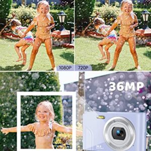 Digital Camera, Lecran FHD 1080P 36.0 Mega Pixels Vlogging Camera with 16X Digital Zoom, LCD Screen, Compact Portable Mini Cameras for Students, Teens, Kids (Purple)