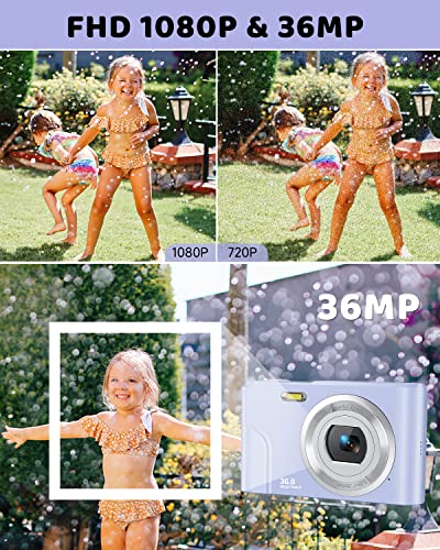 Digital Camera, Lecran FHD 1080P 36.0 Mega Pixels Vlogging Camera with 16X Digital Zoom, LCD Screen, Compact Portable Mini Cameras for Students, Teens, Kids (Purple)