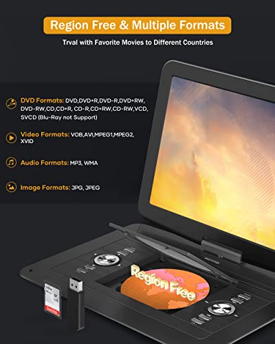 WONNIE 17.9’’ Large Portable DVD/CD Player with 6 Hrs 5000mAH Rechargeable Battery, 15.4‘’ Swivel Screen，1366x768 HD LCD TFT, Regions Free, Support USB/SD Card/ Sync TV , High Volume Speaker