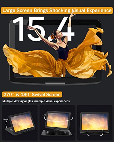 WONNIE 17.9’’ Large Portable DVD/CD Player with 6 Hrs 5000mAH Rechargeable Battery, 15.4‘’ Swivel Screen，1366x768 HD LCD TFT, Regions Free, Support USB/SD Card/ Sync TV , High Volume Speaker