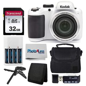 kodak pixpro az401 astro zoom 16mp digital camera (white) + point & shoot camera case + transcend 32gb sd memory card + rechargeable batteries & charger + usb card reader + table tripod + accessories