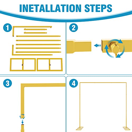 Fomcet 8FT x 8FT Backdrop Stand Heavy Duty with Base, Gold Portable Adjustable Pipe and Drape Backdrop Stand Kit, Square Metal Arch Party Frame for Wedding Birthday Parties Banquet Decorations