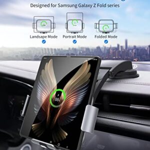 JOYVEVA Dual Coil Wireless Car Charger for Galaxy Z Fold 4/3, Fast Charging Phone Holder for Galaxy Z Fold 2, Landscape Mobile Phone Mount for Galaxy Z Fold (Steel Gray)