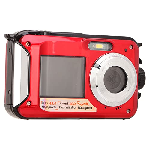 Digital Camera, FHD 2.7K 48MP Vlogging Camera with 16X Digital Zoom, Dual LCD Screen Rechargeable Battery, Waterproof Compact Kids Camera for Adults, Kids, Student, Teens (Red)