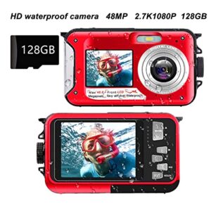 Digital Camera, FHD 2.7K 48MP Vlogging Camera with 16X Digital Zoom, Dual LCD Screen Rechargeable Battery, Waterproof Compact Kids Camera for Adults, Kids, Student, Teens (Red)