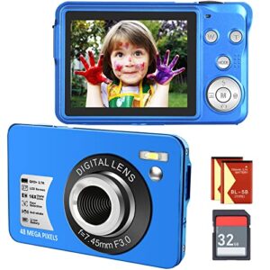 digital camera, kids camera for teens boys and girls, 48mp 2.7k digital camera with 16x digital zoom, 32 gb sd card and 2 batteries included (blue)